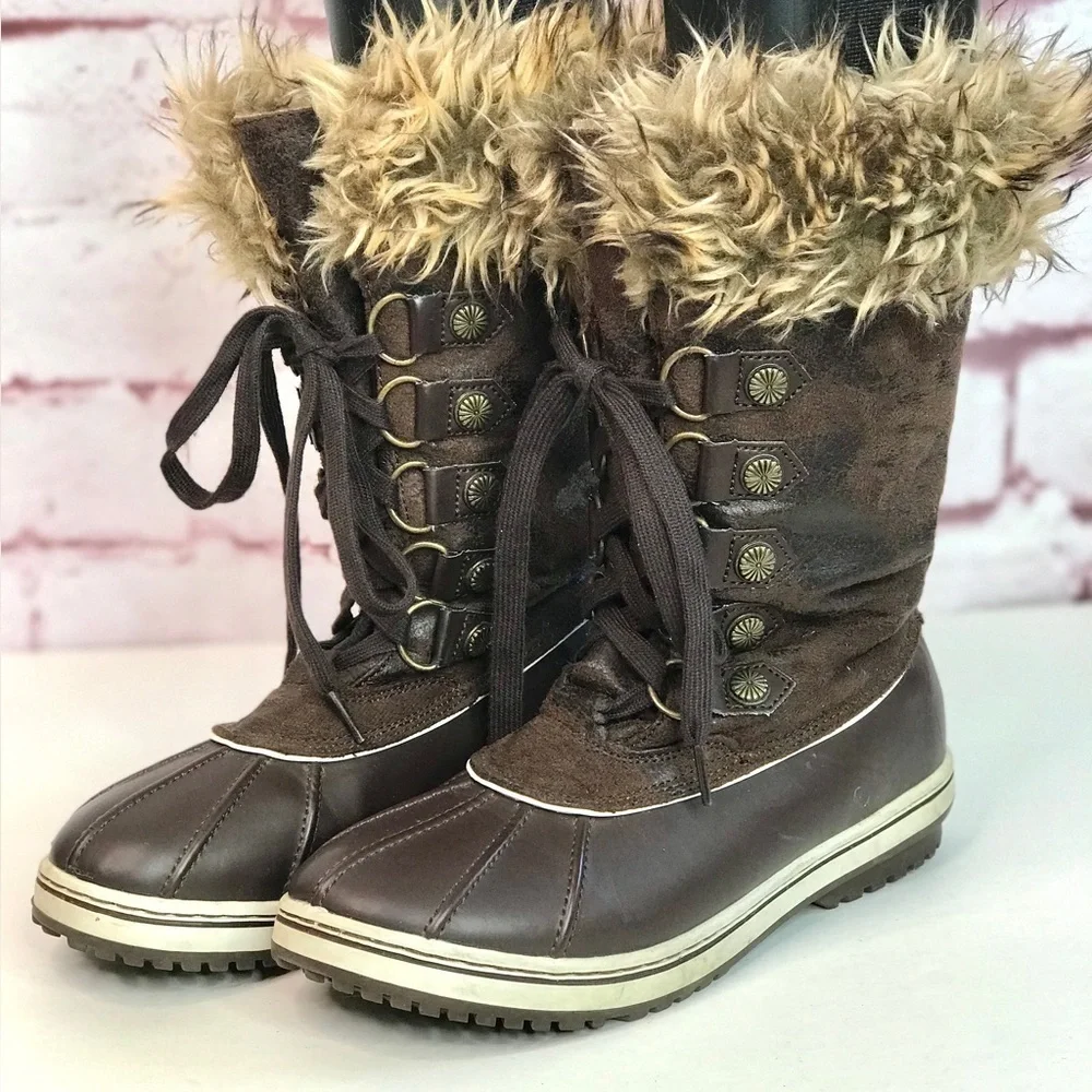 PARIS BLUES Fierce Faux Leather Faux Fur Lined Brown Lace Up Duck Boots Size 8